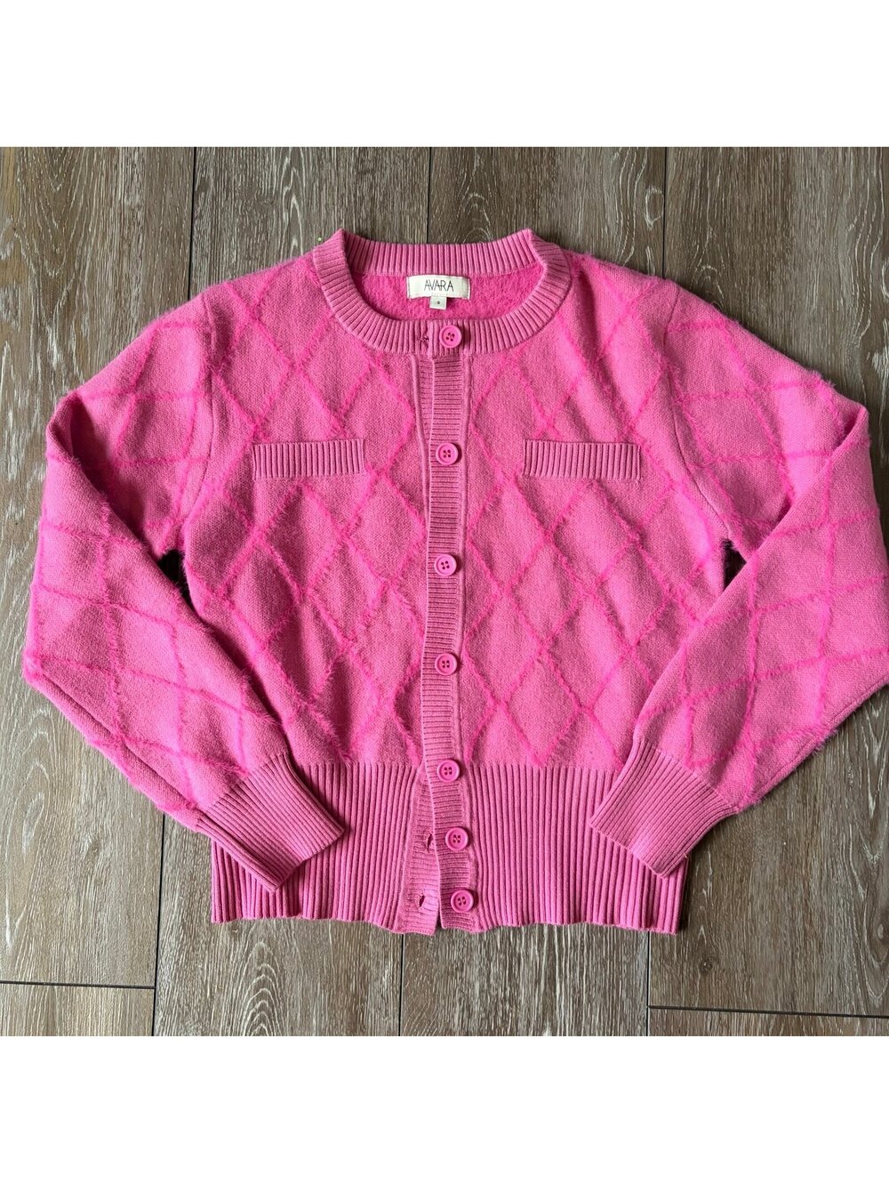 AVARA Pink Argyle Knit Button Front Cardigan Sweater